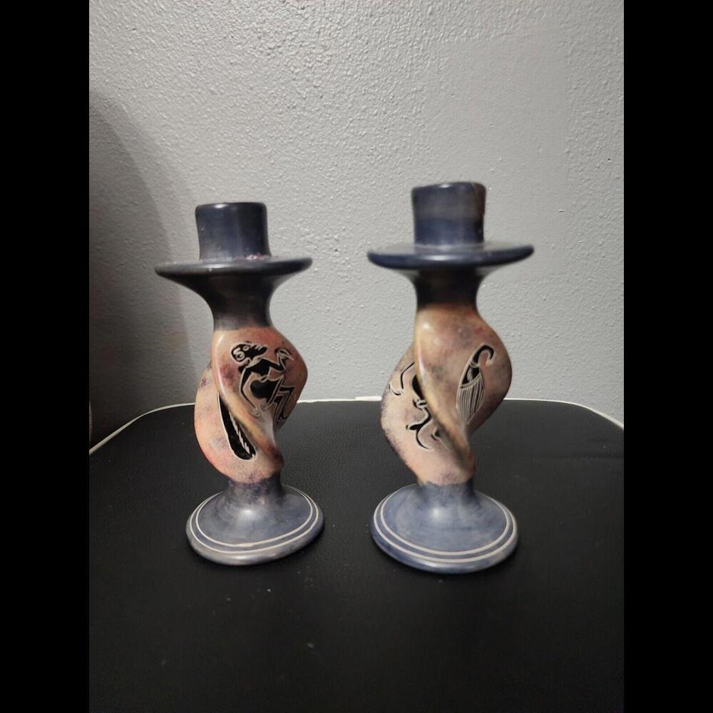 Vintage Hand Painted Made In Kenya Candle Holder - Set Of 2